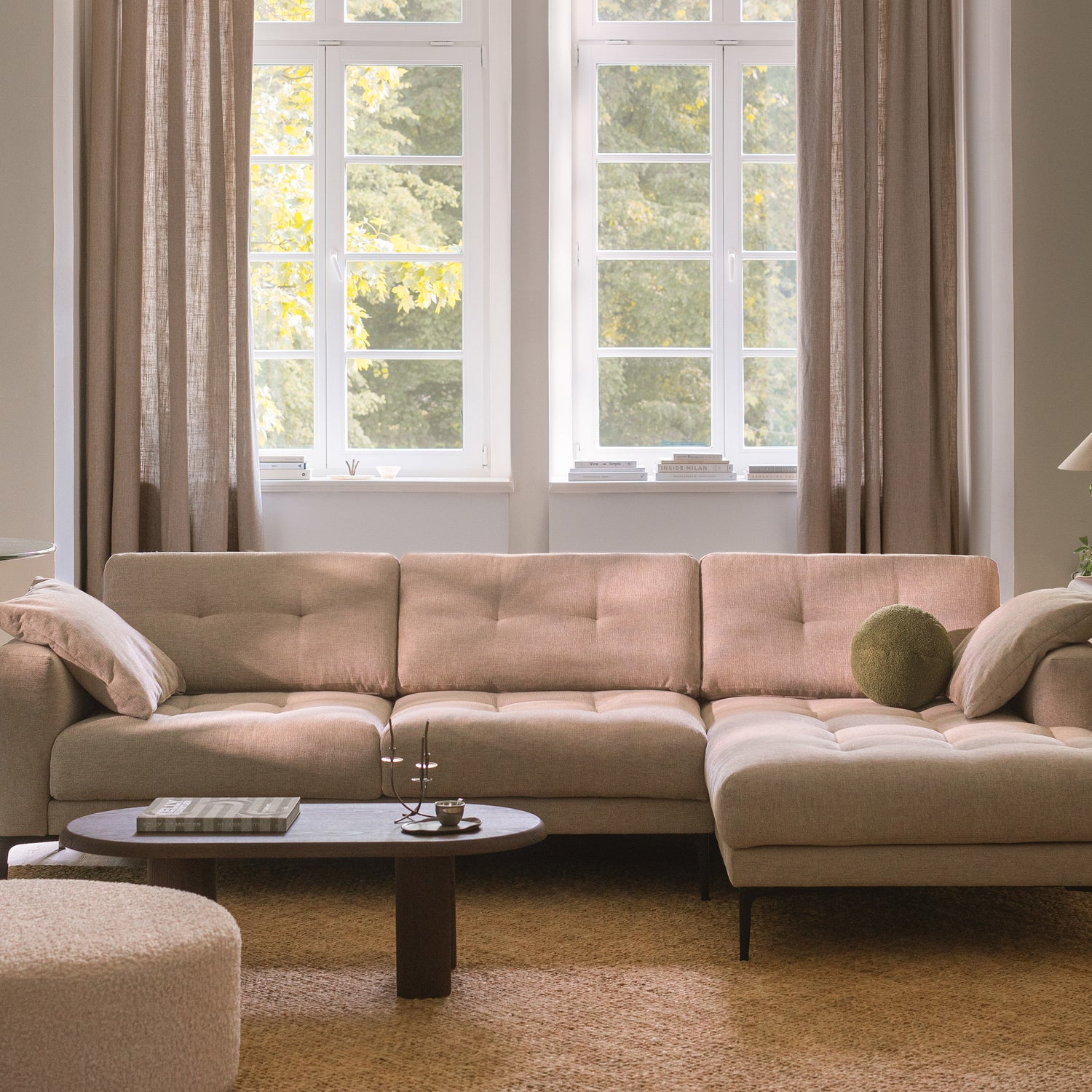 Bemy Ecksofa Rechts aus Samt oder Strukturstoff, 295x174 cm - ZEN ZONE Furniture