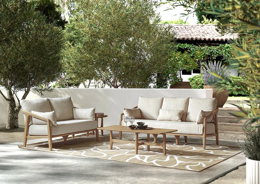Garten-Sofa 2-Sitzer aus Teakholz in Grau mit beigem Geflecht ANAIS - ZEN ZONE Furniture
