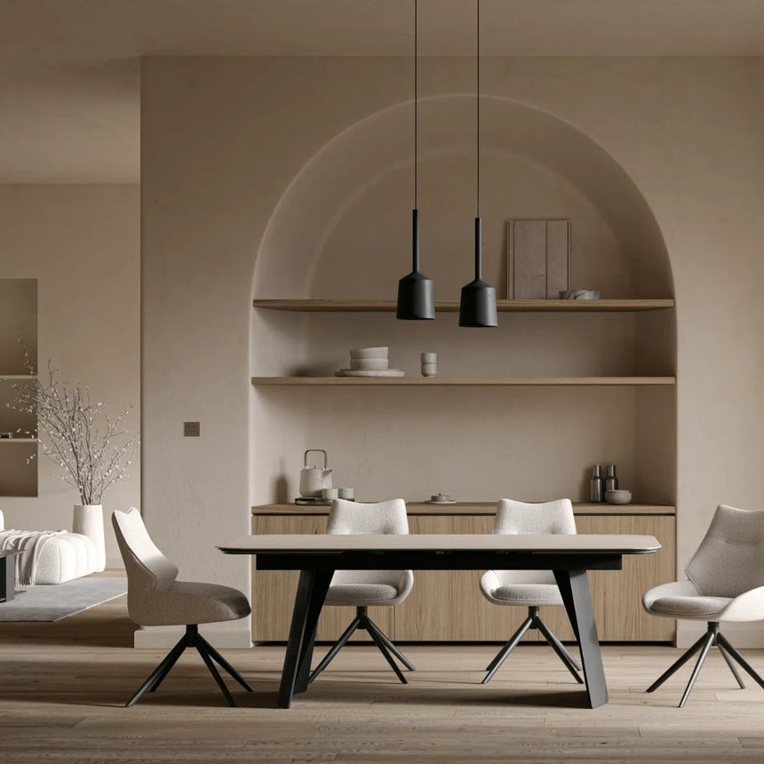 Ausziehbarer Tisch BURANO Keramik Travertin Look, schwarzes Metallbein 200-300 cm - ZEN ZONE Furniture