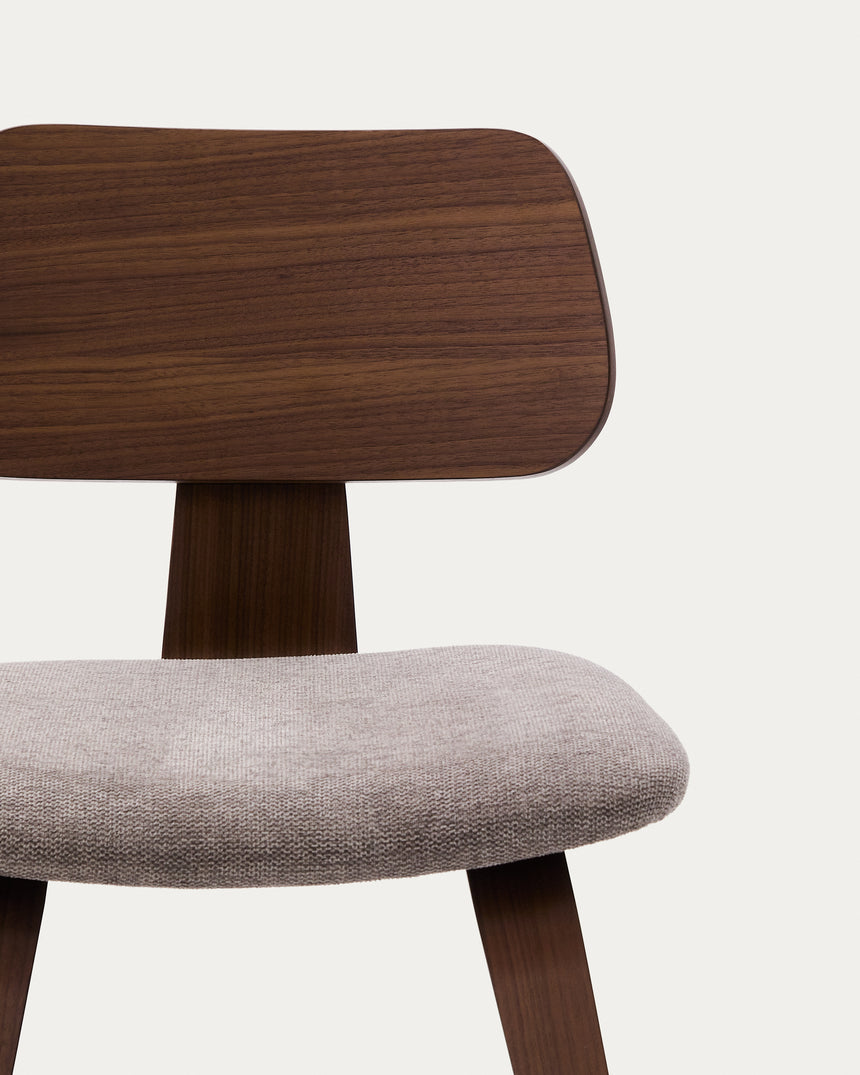 Stuhl Gena beige Chenille-Sitzfläche mit Nussbaumfurnier und Kautschukholzrahmen - ZEN ZONE Furniture