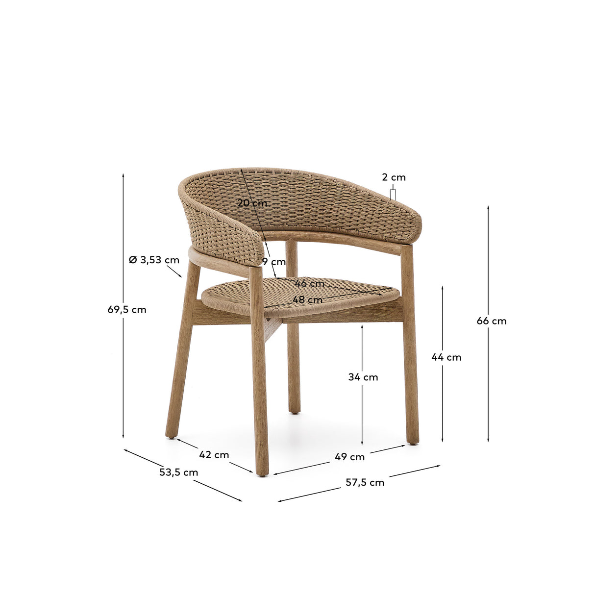 Stuhl Arinella aus massivem Akazienholz mit Finish in natürlichem Farbton und beigem Seil FSC 100%