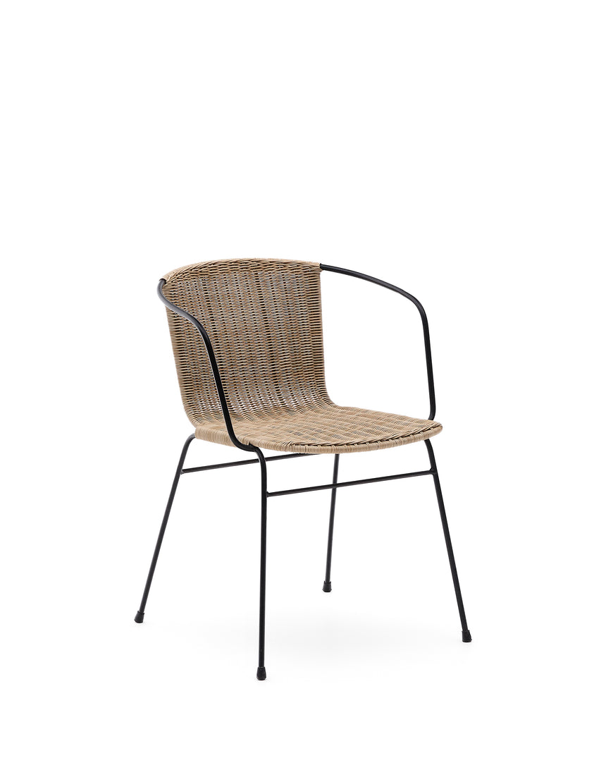 Stapelbarer Stuhl Eltiera aus synthetischem Rattan mit Struktur und Armlehnen aus schwarzem Stahl - ZEN ZONE Furniture