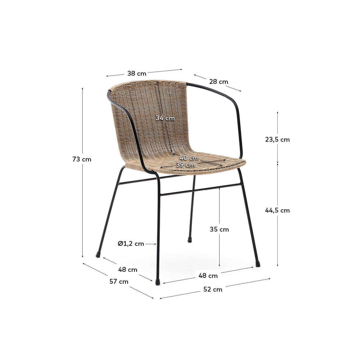 Stapelbarer Stuhl Eltiera aus synthetischem Rattan mit Struktur und Armlehnen aus schwarzem Stahl - ZEN ZONE Furniture