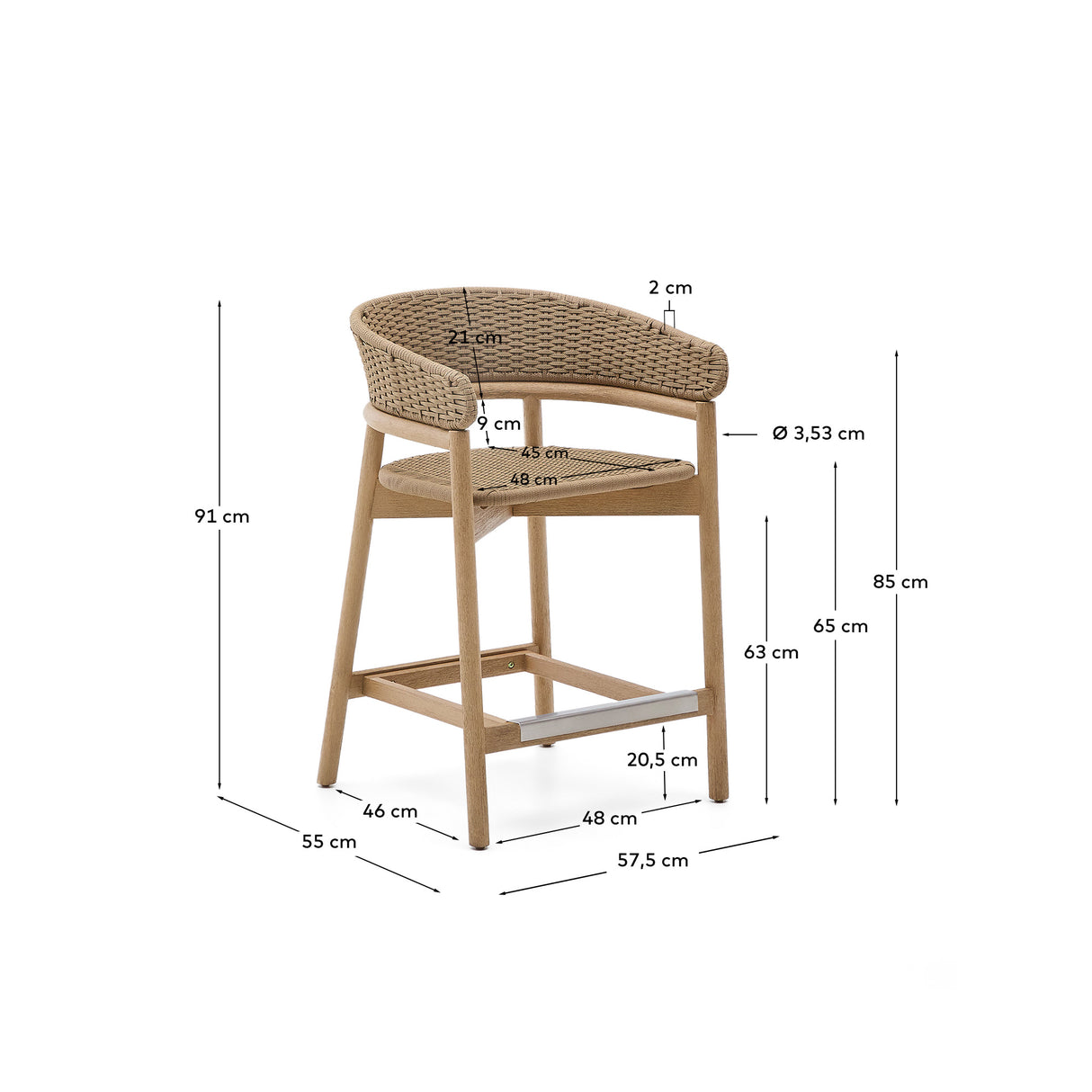 Hocker Arinella aus massivem Akazienholz mit Finish in natürlichem Farbton und beigem Seil 65 cm FSC 100%