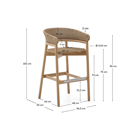 Hocker Arinella aus massivem Akazienholz mit Finish in natürlichem Farbton und beige Seil 75 cm FSC 100% - ZEN ZONE Furniture