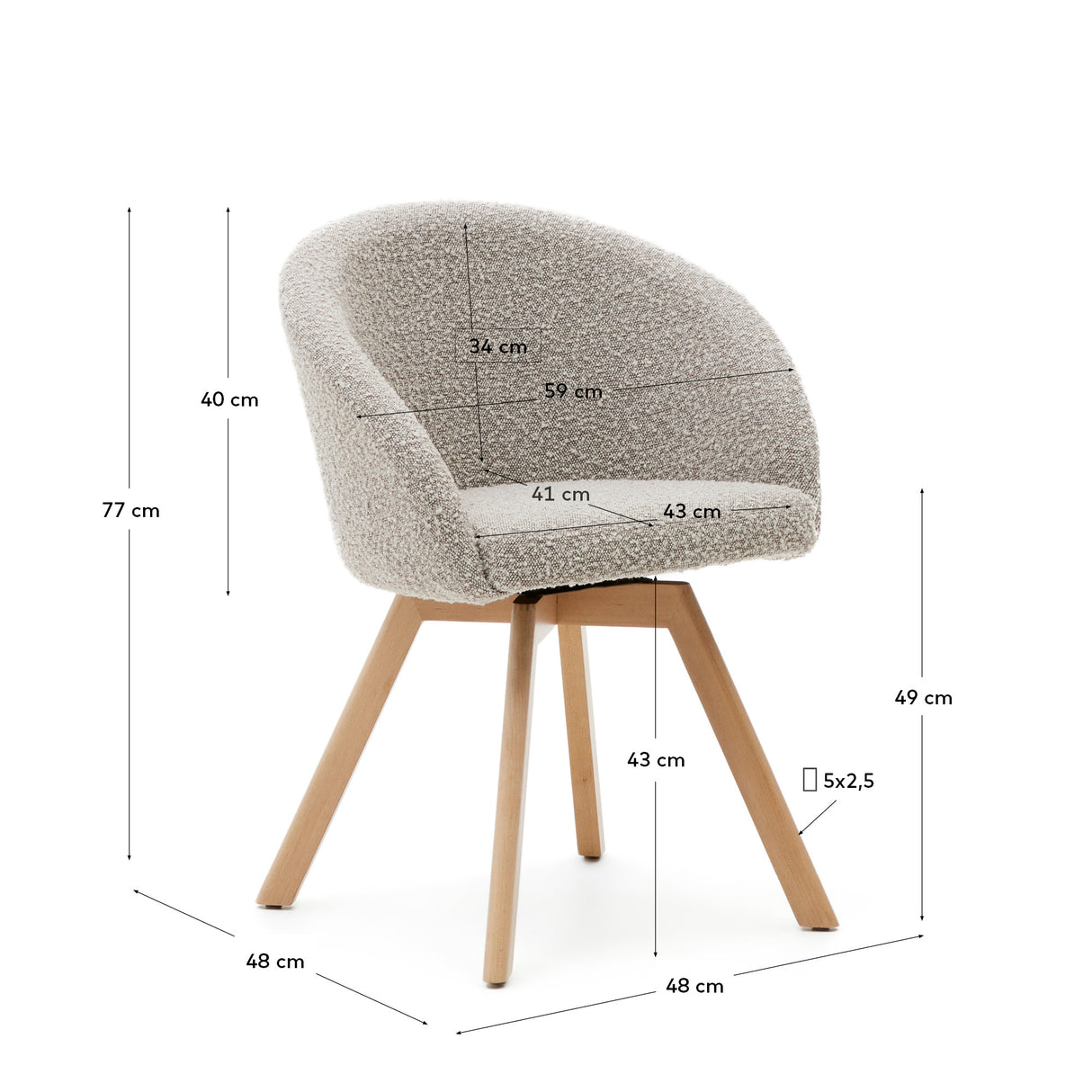 Marvin Drehstuhl mit Bouclé-Polsterung in Grau Beine massive Buche mit natürlichem Finish - ZEN ZONE Furniture