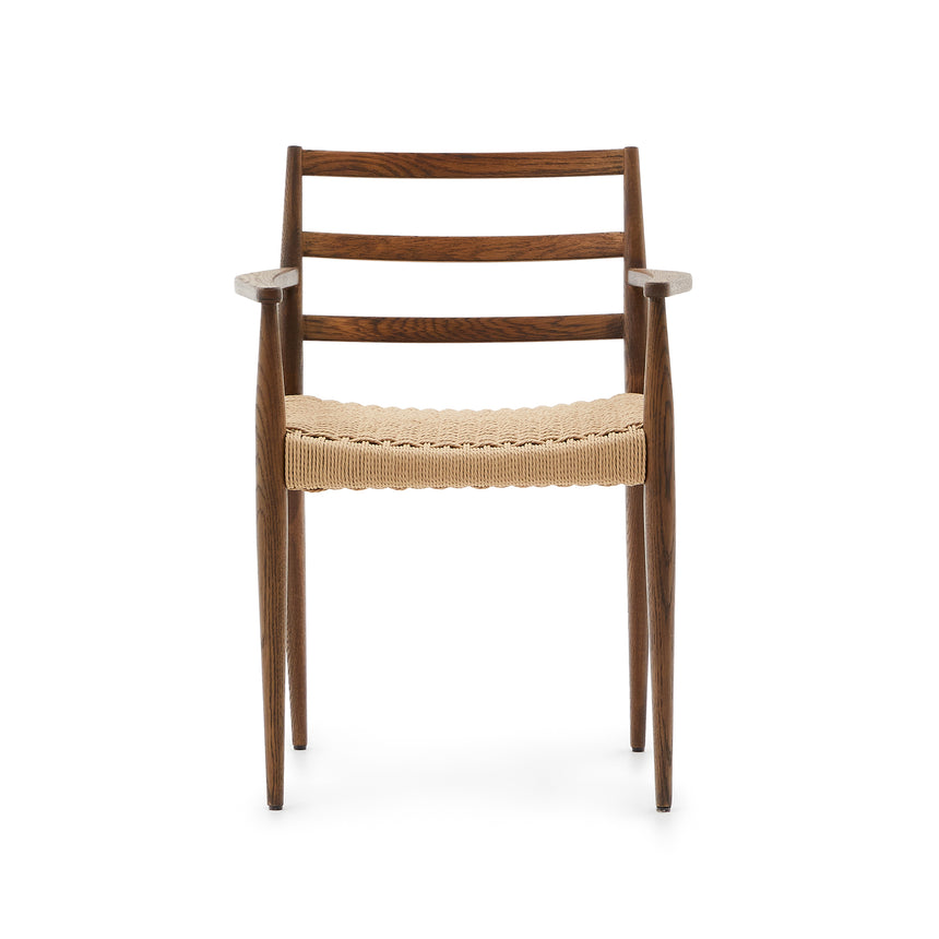 Analy Stuhl mit Armlehnen aus massivem Eichenholz, Nussbaum-Finish, Seilsitz 100% FSC - ZEN ZONE Furniture