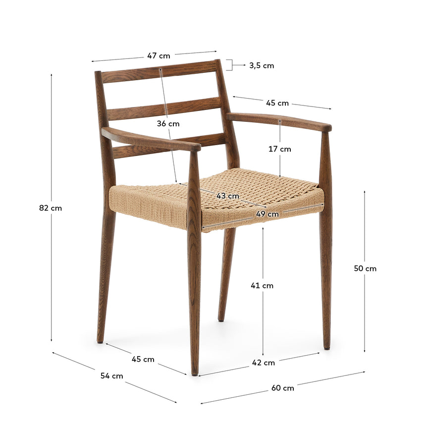 Analy Stuhl mit Armlehnen aus massivem Eichenholz, Nussbaum-Finish, Seilsitz 100% FSC - ZEN ZONE Furniture