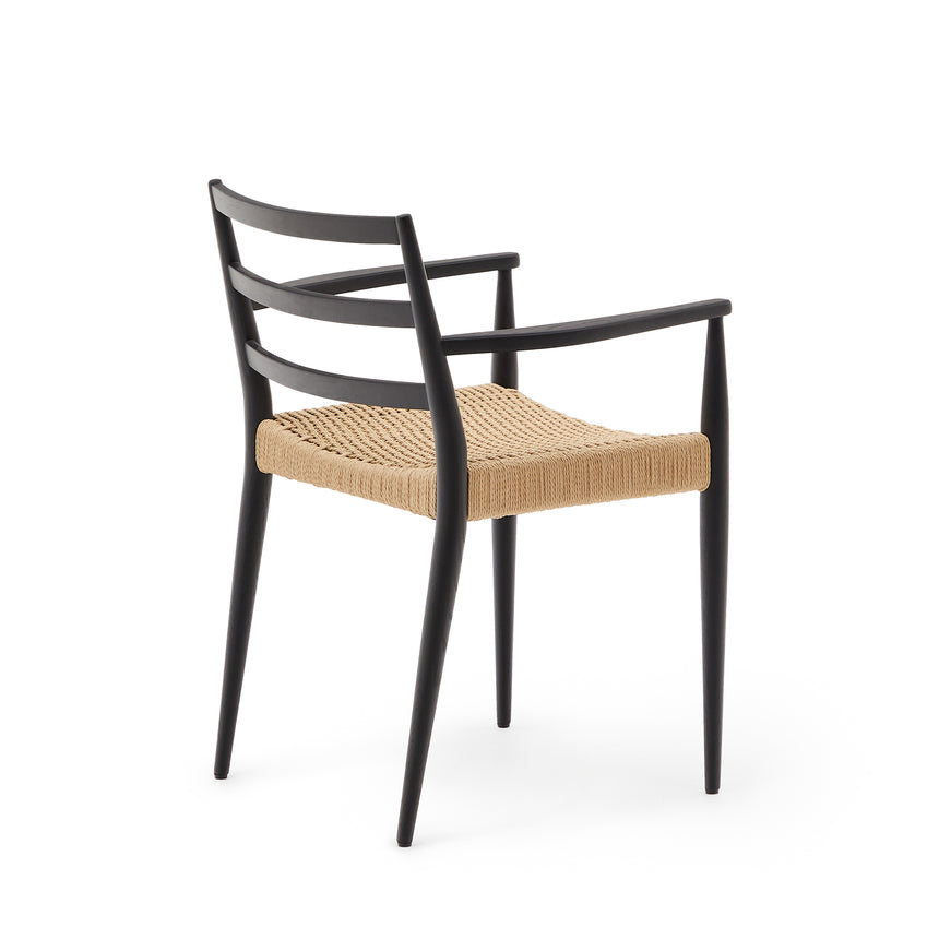 Analy Stuhl mit Armlehnen aus massivem Eichenholz 100% FSC, schwarzes Finish, Seilsitz - ZEN ZONE Furniture