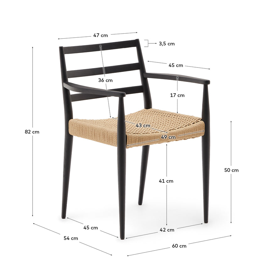 Analy Stuhl mit Armlehnen aus massivem Eichenholz 100% FSC, schwarzes Finish, Seilsitz - ZEN ZONE Furniture