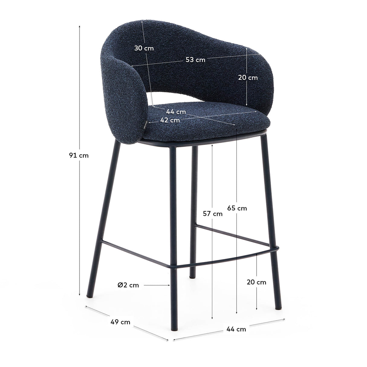 Maina Hocker aus blauem Chenille und Stahlbeinen mit blauem Finish FSC Mix Credit 65 cm - ZEN ZONE Furniture