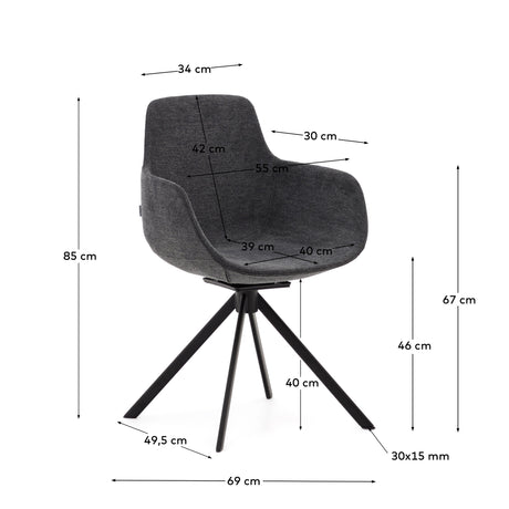 Tissiana rückdrehender Drehstuhl Chenille dunkelgrau Stahl mattschwarzz - ZEN ZONE Furniture