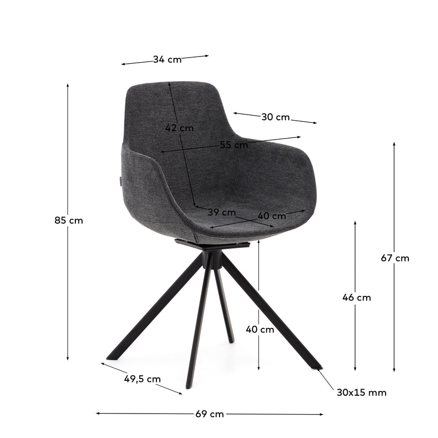 Tissiana rückdrehender Drehstuhl Chenille dunkelgrau Stahl mattschwarzz - ZEN ZONE Furniture
