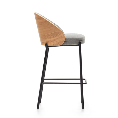 Eamy Hocker hellgraue Chenille  Eschenfurnier mit natürlichem Finish und Metall in Schwarz Höhe 65 cm - ZEN ZONE Furniture