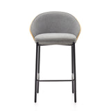 Eamy Hocker hellgraue Chenille  Eschenfurnier mit natürlichem Finish und Metall in Schwarz Höhe 65 cm - ZEN ZONE Furniture