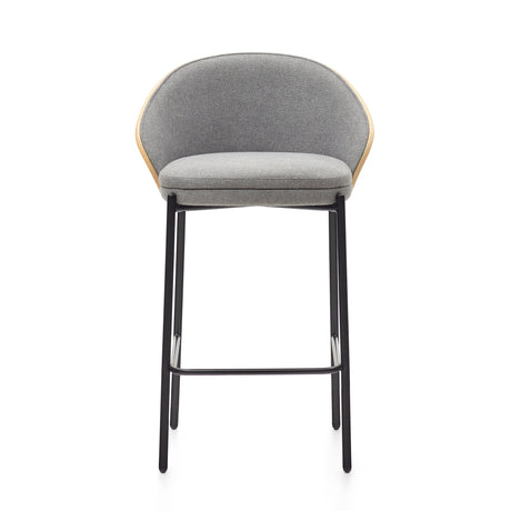Eamy Hocker hellgraue Chenille  Eschenfurnier mit natürlichem Finish und Metall in Schwarz Höhe 65 cm - ZEN ZONE Furniture