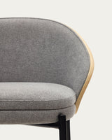 Eamy Hocker hellgraue Chenille  Eschenfurnier mit natürlichem Finish und Metall in Schwarz Höhe 65 cm - ZEN ZONE Furniture