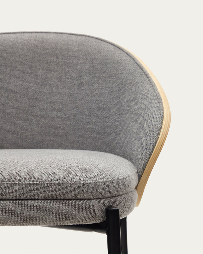Eamy Hocker hellgraue Chenille  Eschenfurnier mit natürlichem Finish und Metall in Schwarz Höhe 65 cm - ZEN ZONE Furniture