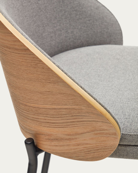 Eamy Hocker hellgraue Chenille  Eschenfurnier mit natürlichem Finish und Metall in Schwarz Höhe 65 cm - ZEN ZONE Furniture