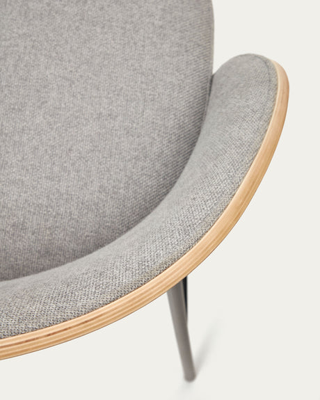 Eamy Hocker hellgraue Chenille  Eschenfurnier mit natürlichem Finish und Metall in Schwarz Höhe 65 cm - ZEN ZONE Furniture