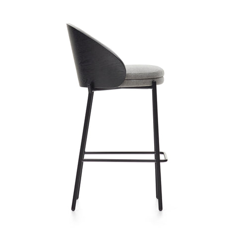 Eamy Hocker hellgraue Chenille  Eschenfurnier mit schwarzem Finish und Metall in Schwarz Höhe 65 cm - ZEN ZONE Furniture