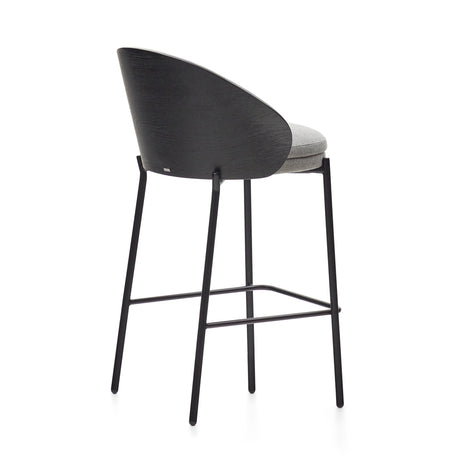 Eamy Hocker hellgraue Chenille  Eschenfurnier mit schwarzem Finish und Metall in Schwarz Höhe 65 cm - ZEN ZONE Furniture