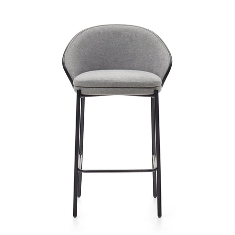 Eamy Hocker hellgraue Chenille  Eschenfurnier mit schwarzem Finish und Metall in Schwarz Höhe 65 cm - ZEN ZONE Furniture