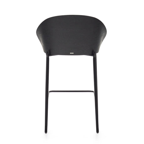 Eamy Hocker hellgraue Chenille  Eschenfurnier mit schwarzem Finish und Metall in Schwarz Höhe 65 cm - ZEN ZONE Furniture