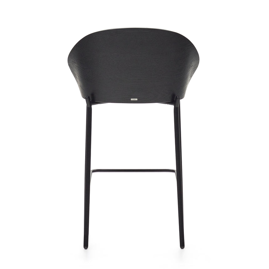 Eamy Hocker hellgraue Chenille  Eschenfurnier mit schwarzem Finish und Metall in Schwarz Höhe 65 cm - ZEN ZONE Furniture