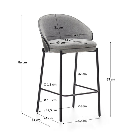 Eamy Hocker hellgraue Chenille  Eschenfurnier mit schwarzem Finish und Metall in Schwarz Höhe 65 cm - ZEN ZONE Furniture