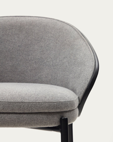 Eamy Hocker hellgraue Chenille  Eschenfurnier mit schwarzem Finish und Metall in Schwarz Höhe 65 cm - ZEN ZONE Furniture