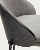 Eamy Hocker hellgraue Chenille  Eschenfurnier mit schwarzem Finish und Metall in Schwarz Höhe 65 cm - ZEN ZONE Furniture