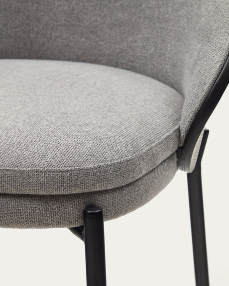 Eamy Hocker hellgraue Chenille  Eschenfurnier mit schwarzem Finish und Metall in Schwarz Höhe 65 cm - ZEN ZONE Furniture