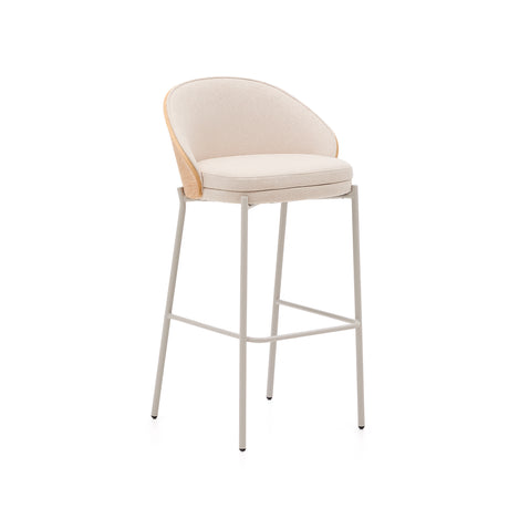 Hocker Eamy aus beigefarbenem Chenille, Eschenfurnier mit natürlichem Finish und beigefarbenem Metall, Höhe 77 cm - ZEN ZONE Furniture
