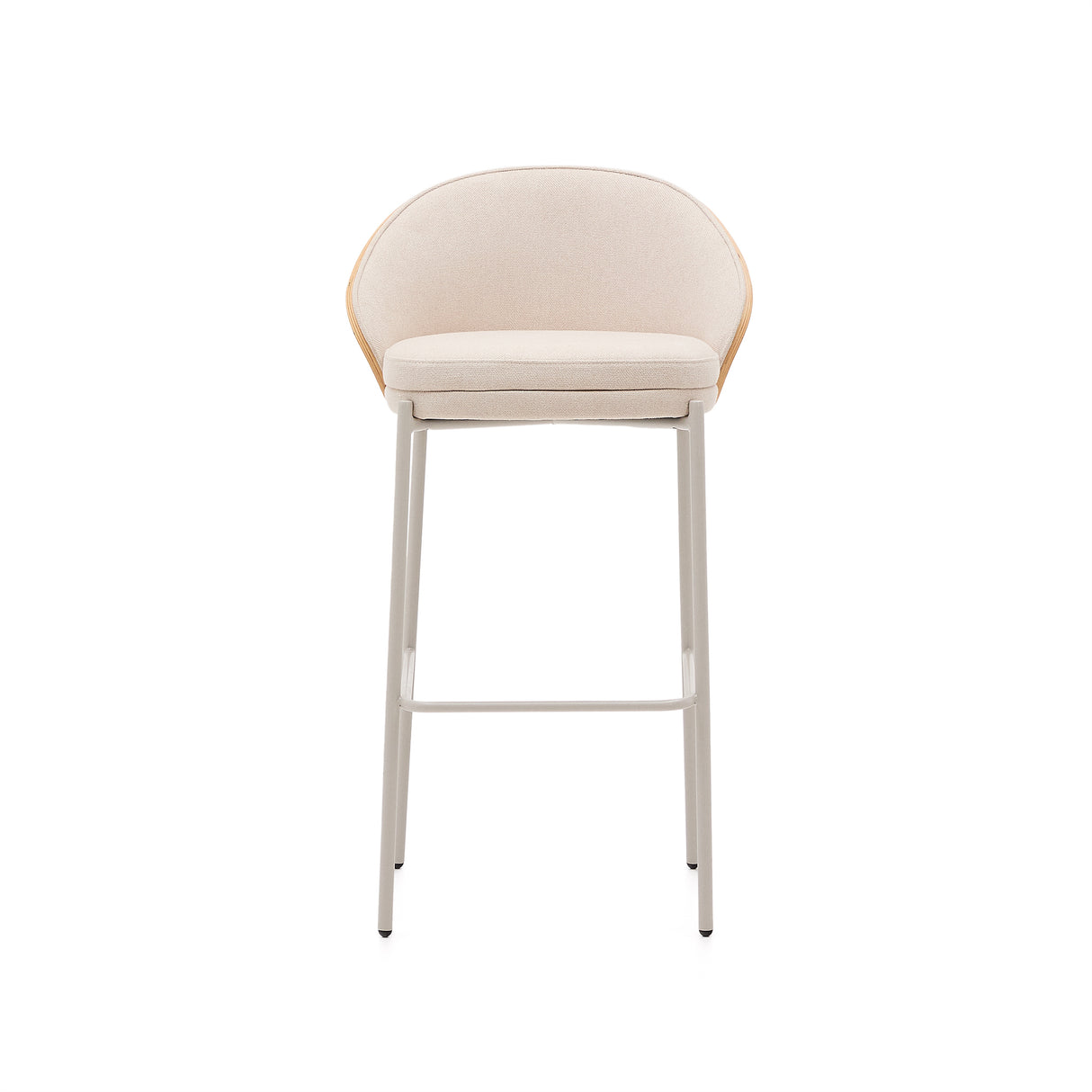 Hocker Eamy aus beigefarbenem Chenille, Eschenfurnier mit natürlichem Finish und beigefarbenem Metall, Höhe 77 cm - ZEN ZONE Furniture