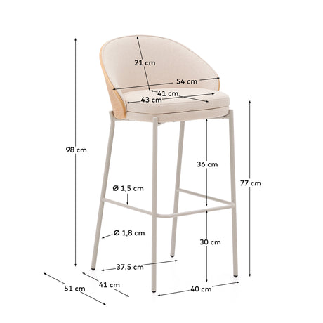 Hocker Eamy aus beigefarbenem Chenille, Eschenfurnier mit natürlichem Finish und beigefarbenem Metall, Höhe 77 cm - ZEN ZONE Furniture