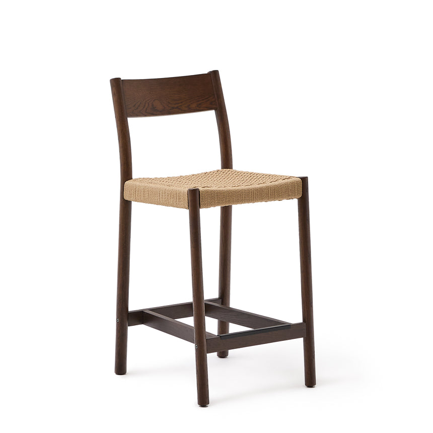 Yalia Barhocker Rückenlehne massives Eichenholz mit Nussbaum-Finish und Seilsitzfläche 65 cm FSC 100% - ZEN ZONE Furniture