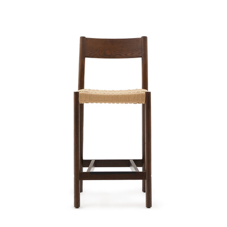 Yalia Barhocker Rückenlehne massives Eichenholz mit Nussbaum-Finish und Seilsitzfläche 65 cm FSC 100% - ZEN ZONE Furniture