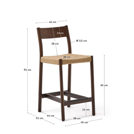 Yalia Barhocker Rückenlehne massives Eichenholz mit Nussbaum-Finish und Seilsitzfläche 65 cm FSC 100% - ZEN ZONE Furniture