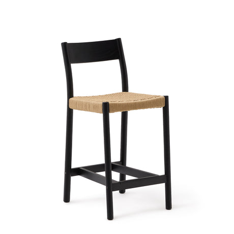 Yalia Barhocker Rückenlehne massives Eichenholz mit schwarzem Finish und Seilsitzfläche 65 cm FSC 100% - ZEN ZONE Furniture