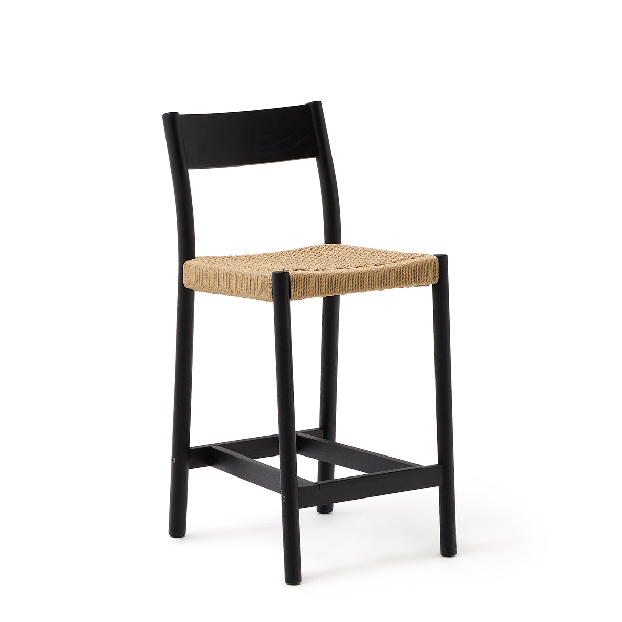 Yalia Barhocker Rückenlehne massives Eichenholz mit schwarzem Finish und Seilsitzfläche 65 cm FSC 100% - ZEN ZONE Furniture