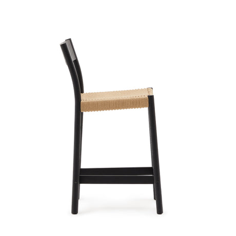 Yalia Barhocker Rückenlehne massives Eichenholz mit schwarzem Finish und Seilsitzfläche 65 cm FSC 100% - ZEN ZONE Furniture
