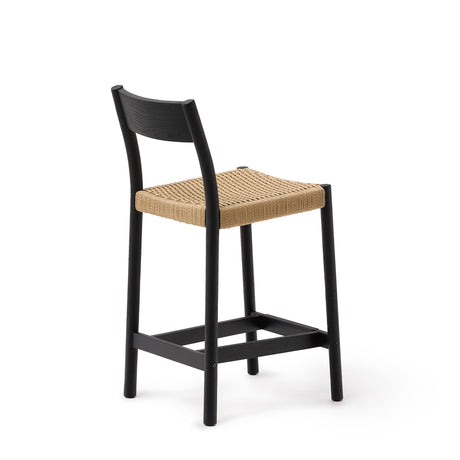 Yalia Barhocker Rückenlehne massives Eichenholz mit schwarzem Finish und Seilsitzfläche 65 cm FSC 100% - ZEN ZONE Furniture
