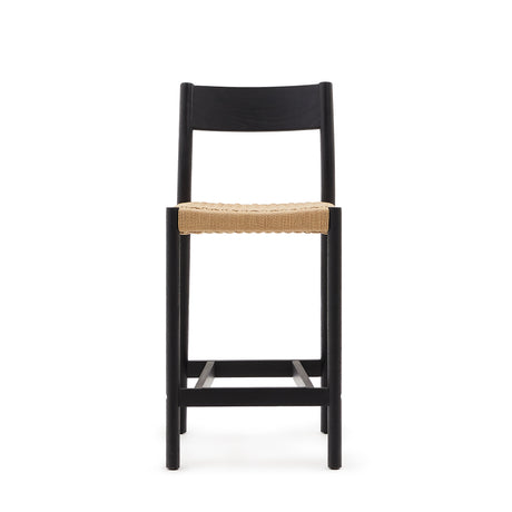 Yalia Barhocker Rückenlehne massives Eichenholz mit schwarzem Finish und Seilsitzfläche 65 cm FSC 100% - ZEN ZONE Furniture