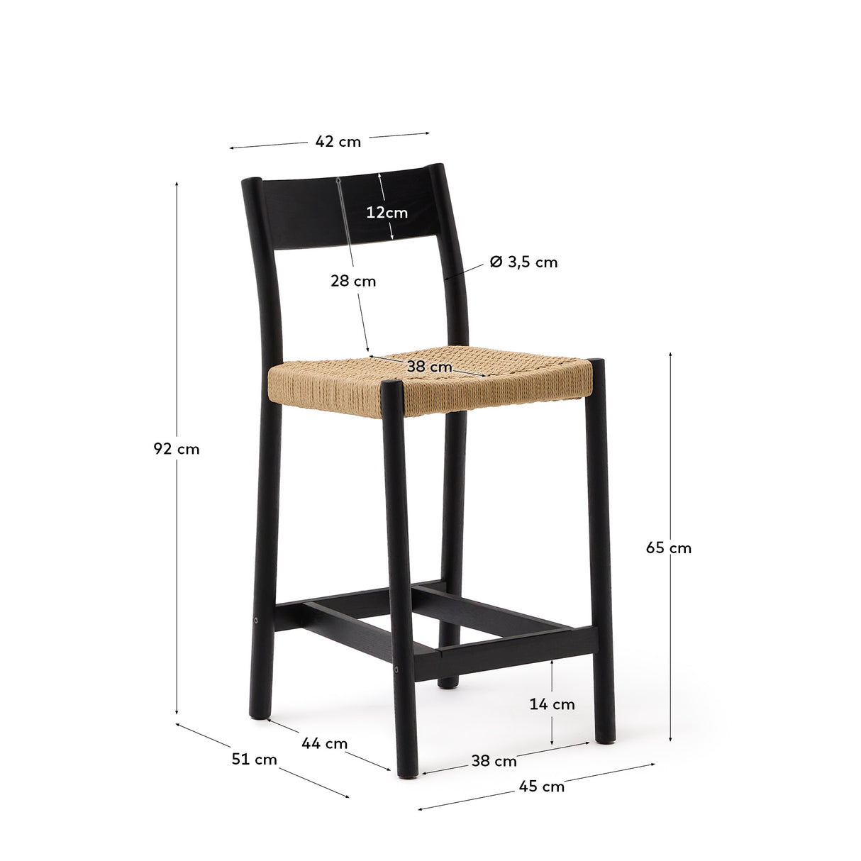 Yalia Barhocker Rückenlehne massives Eichenholz mit schwarzem Finish und Seilsitzfläche 65 cm FSC 100% - ZEN ZONE Furniture