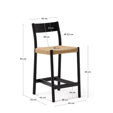 Yalia Barhocker Rückenlehne massives Eichenholz mit schwarzem Finish und Seilsitzfläche 65 cm FSC 100% - ZEN ZONE Furniture