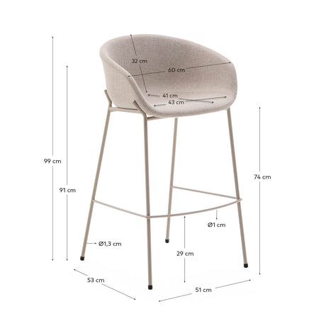 Hocker Yvette aus beigefarbener Chenille und Stahlbeinen mit beigefarbenem Finish Höhe 75 cm - ZEN ZONE Furniture