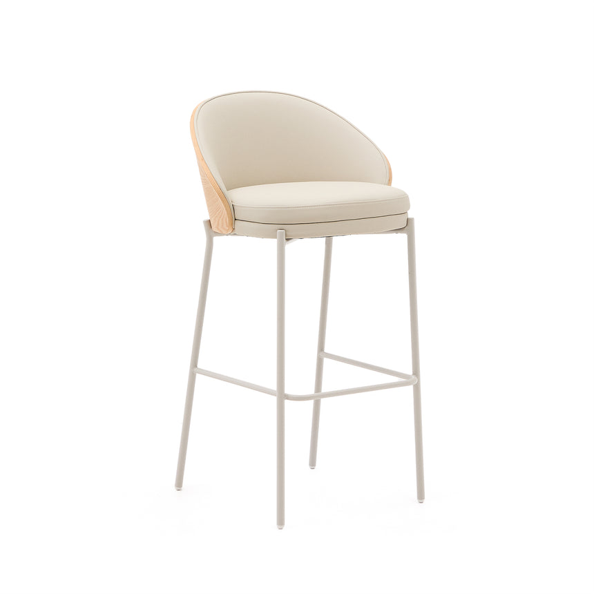 Eamy Hocker aus beigefarbenem Kunstleder, Eschenfurnier naturfarbenes Finish mit Metall 77cm - ZEN ZONE Furniture
