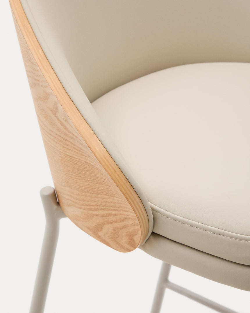 Eamy Hocker aus beigefarbenem Kunstleder, Eschenfurnier naturfarbenes Finish mit Metall 77cm - ZEN ZONE Furniture