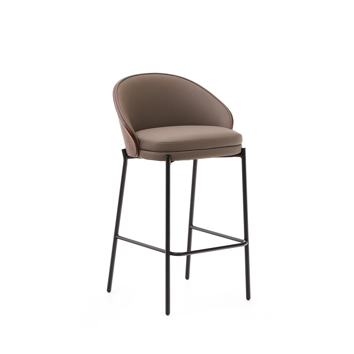 Eamy Hocker aus braunem Kunstleder, Eschenfurnier in Nussbaum-Finish mit Metall in Schwarz - ZEN ZONE Furniture